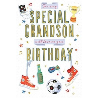 Image of Words n Wishes Grandson &#039;Happy Birthday&#039; Card Fun Illustrated Design with Converse and Trophy for Him Lovely Gold Foil Finish