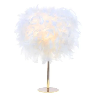 Image of White Feather Table Lamp Bedside with Rose Gold Metal Base Light Desk Lampshade for Bedroom, Living Room, Home Decor