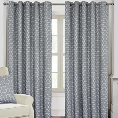 Image of HOMESCAPES Grey Geometric Blackout Curtains Pair Width 167cm (66&quot;) x 137cm (54&quot;) Drop Genuine 3 Pass Lining Heavy Weight Jacquard Eyelet Curtain