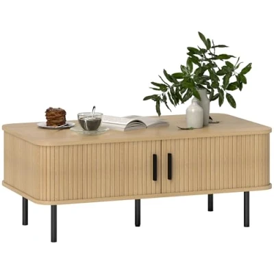 Image of HOMCOM Coffee Table with Storage, Living Room Slatted Tambour Sliding Doors and Foot Pads, Rectangular Elevated Base for Room, Oak