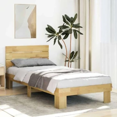 Image of vidaXL Oak Bed Frame 90x200 cm Solid Wood Single with Headboard &amp; Storage for Bedroom