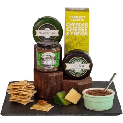 Image of InterCheese Classic 2 Cheese Truckles Hamper Gift with Crackers and Chutney using Mature Cheddar Derby Cheeses presented in Wood Wool