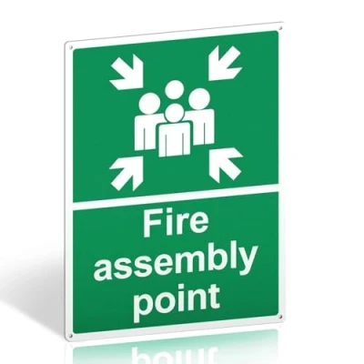 Image of Fire Assembly Point Sign Outdoor 400 x 300mm 1mm Rigid Plastic Safety Signs with 4 Pre Drilled Holes and Self adhesive Backing Ideal