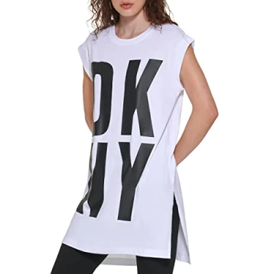 Image of DKNY Exploded LOGO Tunic Jersey dress, Women&#039;s, Size: Medium, White/black