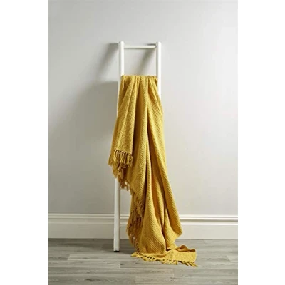 Image of Olivia Rocco Lisbon Throw 100% Cotton Plain Honeycomb Sofa Bed Chair Cover Throws Tasselled Decorative Blanket, 127 x 152 cm (50&quot; 60&quot;) Ochre