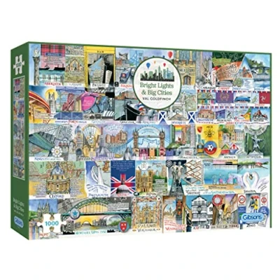 Image of Bright Lights &amp; Big Cities 1000 Piece Jigsaw Puzzle Val Goldfinch Europe Landmarks Sustainable for Adults Premium 100% Recycled Board Great Gift Gibsons Games