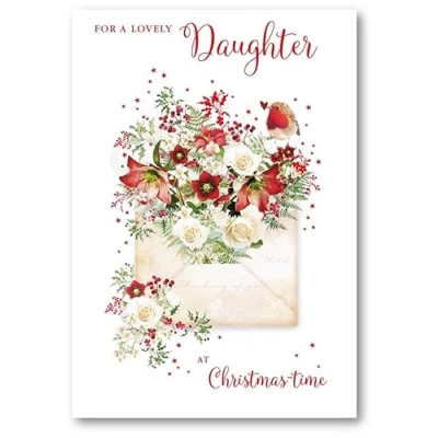 Image of Nigel Quiney Lovely Daughter Christmas Card Robin and Floral Envelope with Foil Details Eco Friendly Recyclable