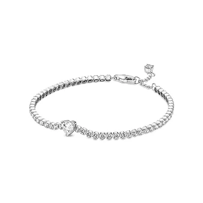 Image of Pandora Timeless Heart sterling silver tennis bracelet with clear cubic zirconia, 18