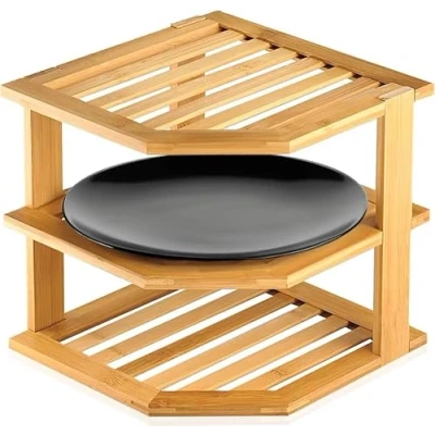 Image of 3 Tier Bamboo Corner Dish Rack Shelf Cabinet &amp; Pantry Kitchen Organization Space Saving Unit Stacking Worktop Tidy Plate Holder Stand Storage Organizer Saver Free Standing Cupboard