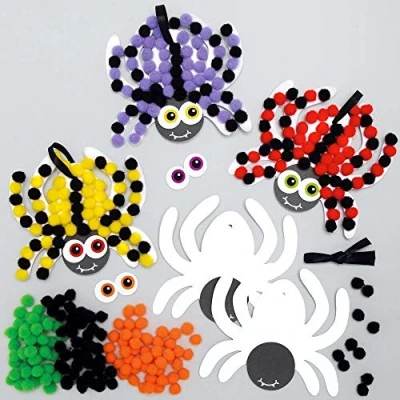 Image of Baker Ross Spider Pom Art Kits Pack of 5, Halloween Craft for Kids, Kids Make Your Own Decorations (AX261), Yellow,Orange,Green,Red,Purple