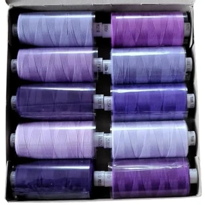Image of Coats Moon Polyester Sewing Thread 10x1000yds Assorted Lilacs/Purples… All Purpose Overlock Quilt Box of 10 reels
