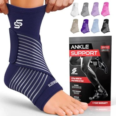 Image of Sleeve Stars Ankle Brace for Sprained Ankle, Plantar Fasciitis Relief Achilles Tendonitis Brace, Support Women &amp; Men w/Strap, Heel Protector Wrap Pain Compression (Single/Navy Blue)