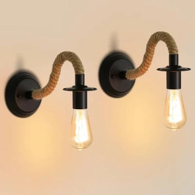 Image of Comely 2 Packs Wall Lamp, Industrial Light Sconce Fixture, E27 Hemp Rope Retro Adjustable Lamp for Corridor Living Room Bedroom Cafe Bar Loft (Not Include Bulb)