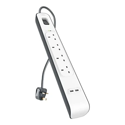 Image of Belkin Extension Lead with USB Slots x 2 (2.4 A Shared), 4 Way/4 Plug Extension, 2m Surge Protected Power Strip White