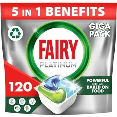 Image of Fairy Platinum All In One Dishwasher Tablets Bulk, 120 (24 x 5), Original, With Anti Dull Technology &amp; Rinse Aid Action,