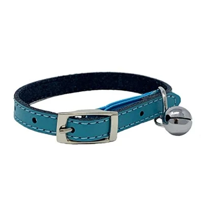 Image of Cat Collar Real Leather with Safety Elastic, Bell, Available (Blue)