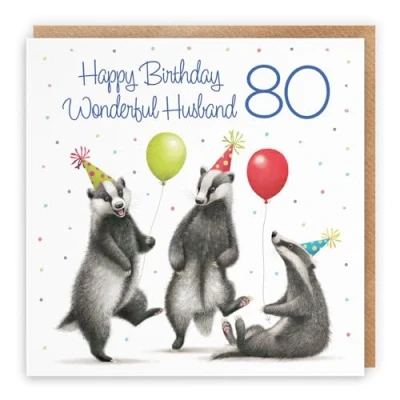 Image of Hunts England 80th Husband Badgers Birthday Card Milo&#039;s Gallery Age 80 Wildlife Funny For Year Old Animal Fan Eighty