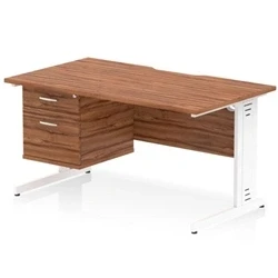 Image of Impulse 1400 x 800mm Scalloped Edge Office Desk Walnut Top White Cable Managed Leg Workstation 1 2 Drawer Fixed Pedestal