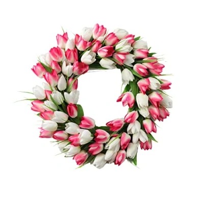 Image of Flueyer 20 inch Artificial Tulip Wreaths for Front Door, Handmade Wreath Door Simulation Round Spring Garland Wedding Wall Home Decor
