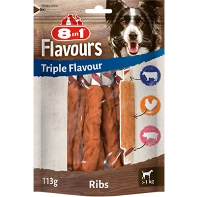 Image of 8in1 Triple Flavour Ribs chew sticks for dogs extra meaty snacks, 113g bag (approx. 6 pieces)