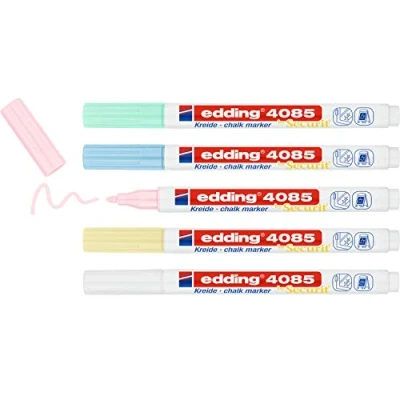 Image of edding 4085 chalk marker yellow, green, rose, blue, white (pastel) 5 pens round nib 1 2 mm, wet wipe pen for chalkboards,windows,glass, mirrors liquid opaque coverage