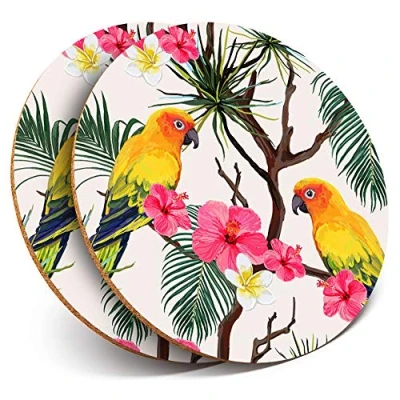 Image of 2 x Round Coasters Lovebird Parrot Tropical Flowers Cork Backed Home Kitchen Accessory Tea Coffee Mug Mat #21996