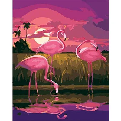 Image of Awesocrafts Paint by Numbers Kits, Flamingos at Dusk, Three Number Painting for Adults 16x20 inch Framed (Pink Flamingos, Framed)