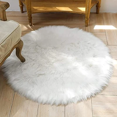 Image of HEQUN Circular Faux Fur Sheepskin Style Rug Fleece Chair Cover Seat Pad Soft Fluffy Shaggy Area Rugs For Bedroom Sofa Floor (White, 60 X CM)