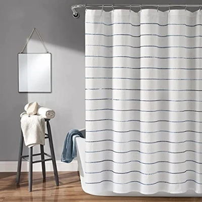 Image of Lush Decor Ombre Stripe Yarn Dyed Cotton Shower Curtain, 72&quot; W x L, Navy &amp; Multi Colorful Tufted Stripes Curtain Boho, Coastal Farmhouse Bathroom