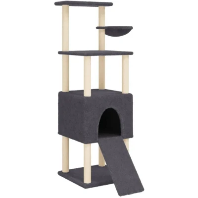 Image of vidaXL Cat Condo with Sisal Scratch Posts, Multi Level Kitten Tower/Tree, Dark Grey, Soft Plush Climbing/Furniture, 92.5x71.5x153cm