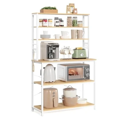 Image of VASAGLE Kitchen Storage Rack, Coffee Bar, Baker’s Total 6 Shelves and Hooks, for Microwave, Steel Frame, Industrial, 40 x 100 167 cm, Oak Colour White KKS039Y09