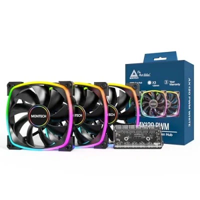 Image of MONTECH AX 120MM PWM Fan Silent Performance High Speed 1600PWM End Durability with HDB Bearing Stunning Outer Ring ARGB Lighting Design 3 in 1 Pack 6X6 Hub (AX120 3in1 B)