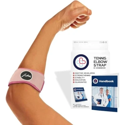 Image of Tennis Elbow Support Strap with Doctor Handbook Reliable for Men &amp; Women Adjustable Brace Daily Wear, Gym, Sports, Rapid Pain Relief from Tendonitis (Pink Single)