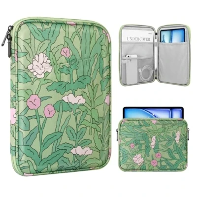 Image of TiMOVO 9 11&quot; Tablet Sleeve for iPad 10th Gen. 10.9&quot;, 9th/8th/7th 10.2&quot;, Air 11/Air 5th/4th 10.9&quot;,Galaxy Tab A9+/A9 Plus 11&quot;, Protective Bag with Pocket, Green Flower