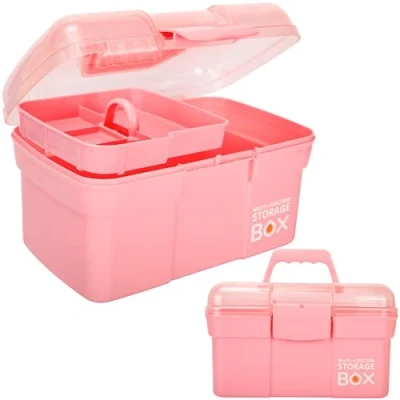 Image of Creahaus 11in Multipurpose Storage Box with Removable Tray, Plastic Small Handle, Portable Art Craft Organizer Case for Sewing, Makeup, Medicine, Nail, Hair Accessories (Pink)