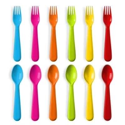 Image of PLASKIDY Plastic Toddler Utensils Set of 12 Kids Forks and Spoons BPA FREE/Dishwasher Safe Toddlers Silverware Brightly Colored Children&#039;s Flatware Cutlery