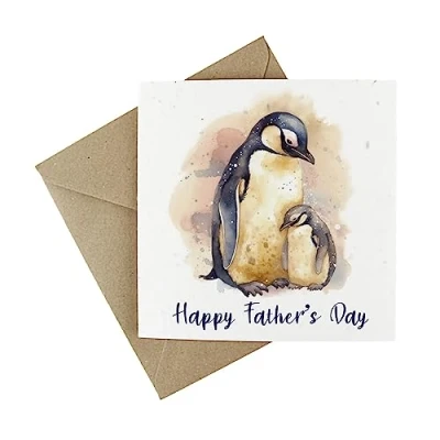 Image of Plantable Fathers Day Card Eco Friendly Wildflower Seed Greeting Happy Father and Baby Penguin