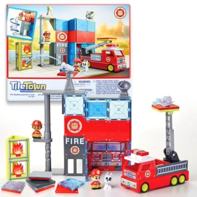 Image of Tile Town Fire House + Firetruck Magnetic TILES Building Playset &amp; Vehicle w/ Lights Sounds Figures, Kids 3 5+, New Action for Play, STEM Creative Toy, Great Gift Boys Girls