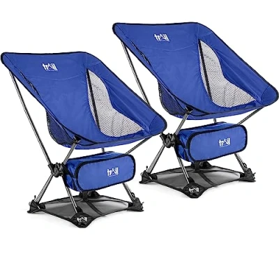 Image of Trail Hawk Lightweight Camping Chair Portable Compact Ultralight Folding Seat with Ground Mat and Bag (Blue 2x Chairs)
