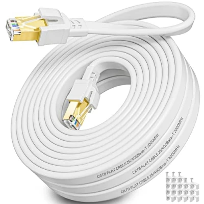 Image of Ethernet Cable 18m, Cat 8 Long Internet 18m High Speed Flat LAN Network Shielded 40Gbps 2000MHz RJ45 Gigabit Wifi 18 Meters Outdoor Indoor White Patch for Switch Modem