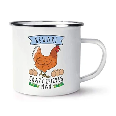 Image of Beware Crazy Chicken Man Retro Enamel Mug Cup