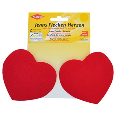 Image of Kleiber Iron On Denim Jean Heart Shaped Red 2 Patches,ca. 8,5 cm x 10,5