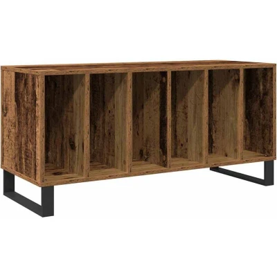 Image of vidaXL Record Cabinet Solid Wood Media Storage Unit, Rustic Oak Finish, Metal Frame, for Living Room/Entertainment Area 100x38x48 cm