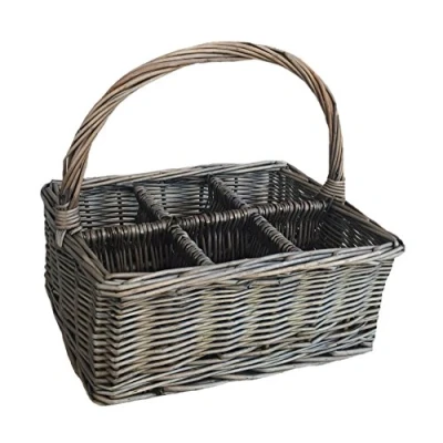 Image of Red Hamper Antique Wash Rectangular 6 Section Cutlery Wicker Basket, Height 10cm x Width 25cm Depth 18cm