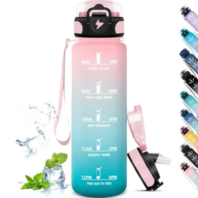 Image of Grsta Drinking Bottle 1 L, Sports Water Bottle, Leak Proof, with Straw, Can Be Carried, Time, for Fitness, Hiking, Camping, Outdoor, Pink