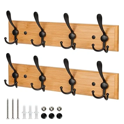 Image of GlazieVault Wooden Coat Hooks for Wall Bamboo Rack(2 Pack) Heavy Duty Mounted and Clothes