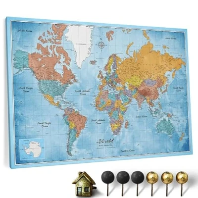 Image of Canvas World Map with Cork Pin Board English Lettering Decorative Wall Decoration for All Rooms Pictures Motif (70x50 cm, Pattern 10)