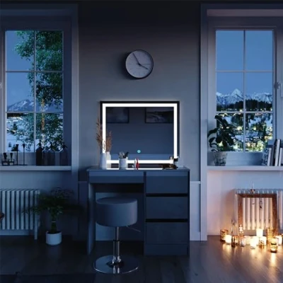 Image of Vicco Vanity table Sherry, High gloss grey, 90 cm with LED mirror and stool