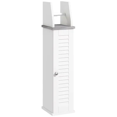 Image of kleankin Slim Bathroom Floor Cabinet with Cupboard, Roll Holder and Adjustable Shelf, Toilet Storage Unit for Paper, Shampoo, White