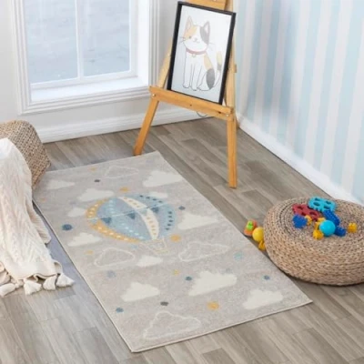Image of Livabliss Hot Air Balloon Kids Rug Childrens Rugs for Bedroom 80x150 cm, Carpet Girls and Boys Bedroom, Playroom Nursery Rugs, Baby Girl or Boy Room, Grey